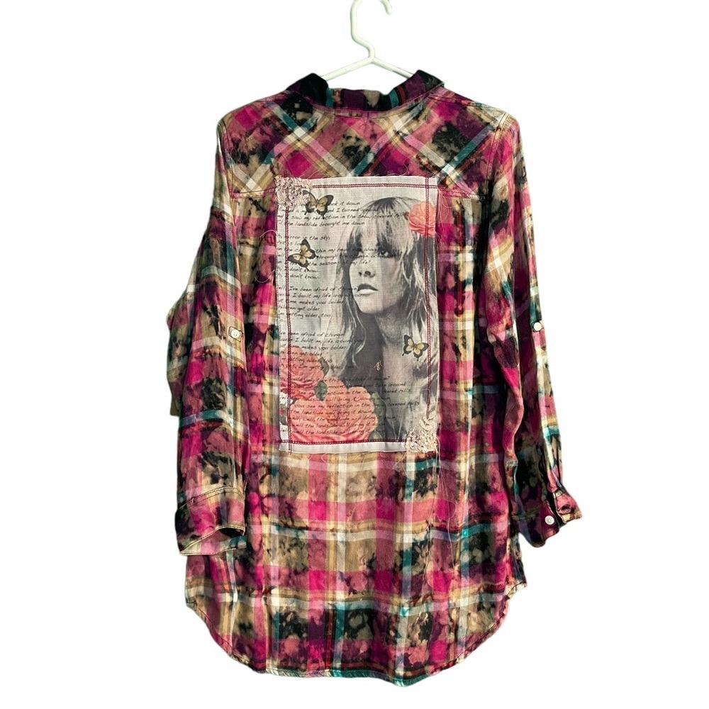 Stevie Nicks Pink and Tan Plaid Button-Up Shirt